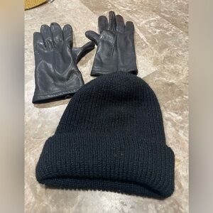 Black Knit Beanie and Leather Gloves Set